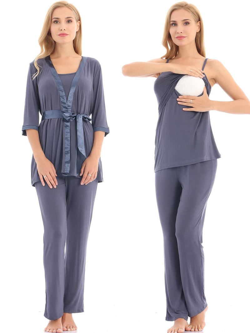 Bearsland Maternity Women's 3 Pieces Soft Nursing Pajamas Set Postpartum Sleepwear for Breastfeeding,bluegray,M - Image 1